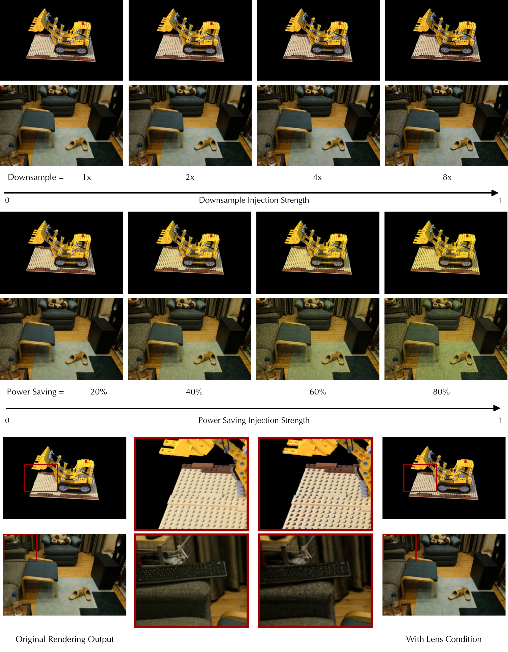 Raw rendered outputs for Lego and Room as resampling, display mapping, and lens correction conditions change.